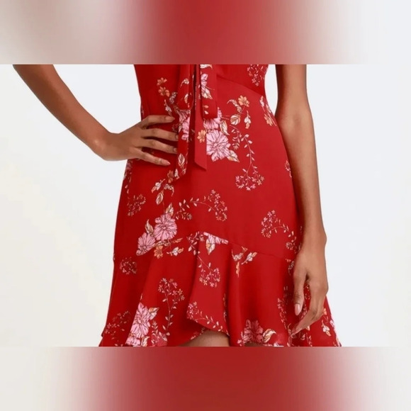 BB Dakota Love Back Atcha hyper bloom red floral ruffled tie mini dress size 8 - Picture 11 of 12